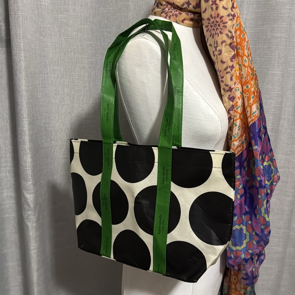 Kate Spade Mini Tote-Recycled Polyester/Signature Cream and Blk Dot with Green - Picture 14 of 15